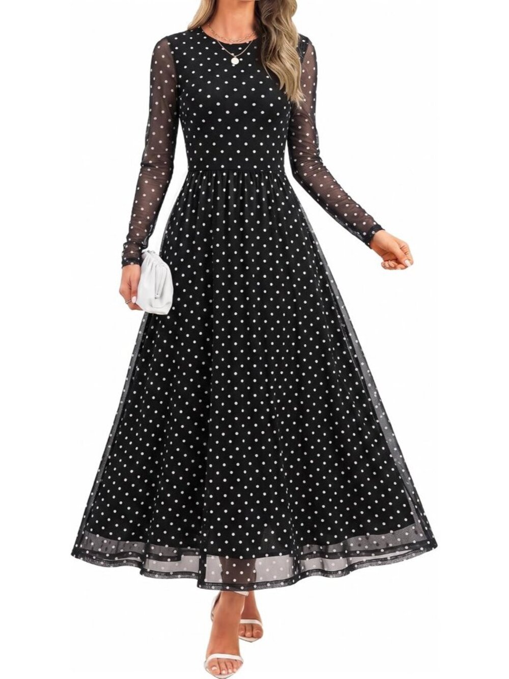 Women's Blackdot Crewneck Maxi Long Sleeve Elegant Slimming Cocktail Dresses